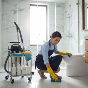 The part-time maid are clean up toilet with the professional tools