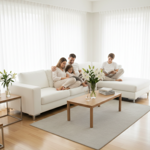 The family enjoys their clean and tidy home after the part-time housekeeper has finished cleaning.