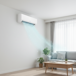 The fresh, clean air circulating from a regularly maintained air conditioner, promoting better indoor air quality and health.