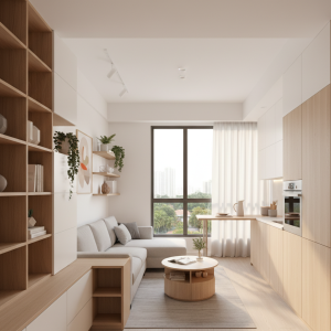 The living room of this small apartment cleverly utilizes vertical storage and multifunctional furniture, showcasing ingenious space utilization and a neat and orderly storage approach.