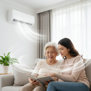 Gentle, clean airflow from a well-maintained air conditioner, ensuring a comfortable and suitable environment for old people and senior citizens.