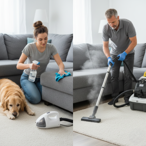 This comparison focuses on DIY home cleaning using ordinary products versus professional cleaning services that utilize specialized equipment and steam purification for deep cleaning.