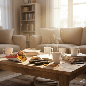 A close-up shot of a neat and tidy coffee table illustrates how focusing on one small cleaning task at a time can prevent burnout and yield immediate results.