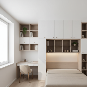 The visual guide showcases vertical storage solutions: built-in shelves, hooks for storing accessories, and tall cabinets to maximize space in small apartments.