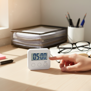 A clearly visible 5-minute timer quickly tidies up a small area of ​​the home, demonstrating a focused cleaning approach and how much work can be accomplished in a short amount of time.