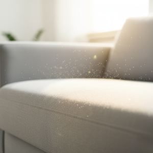 A close-up shot of a freshly washed sofa cushion shows the clean fabric fibers and refreshed shine under the soft sunlight, emphasizing comfort and hygiene.
