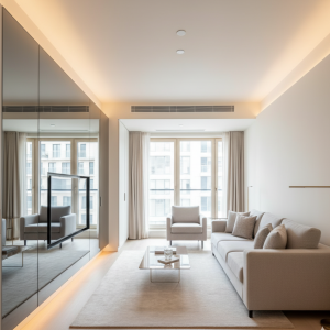 The small apartment features light-colored walls, mirrors, and ample natural light to visually maximize the use of space and create a brighter living environment.